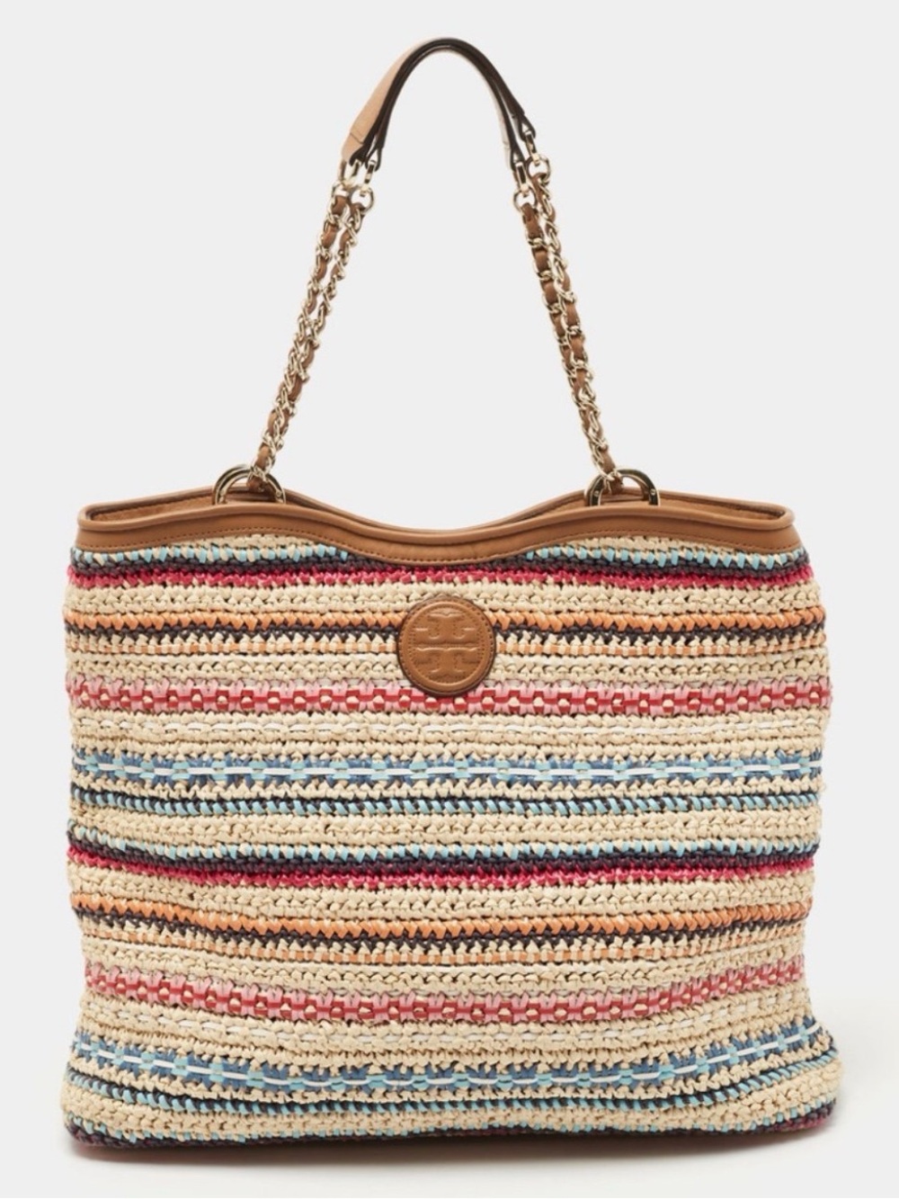 Tory Burch Multicolor Stripe Raffia and
Leather Marion Tote